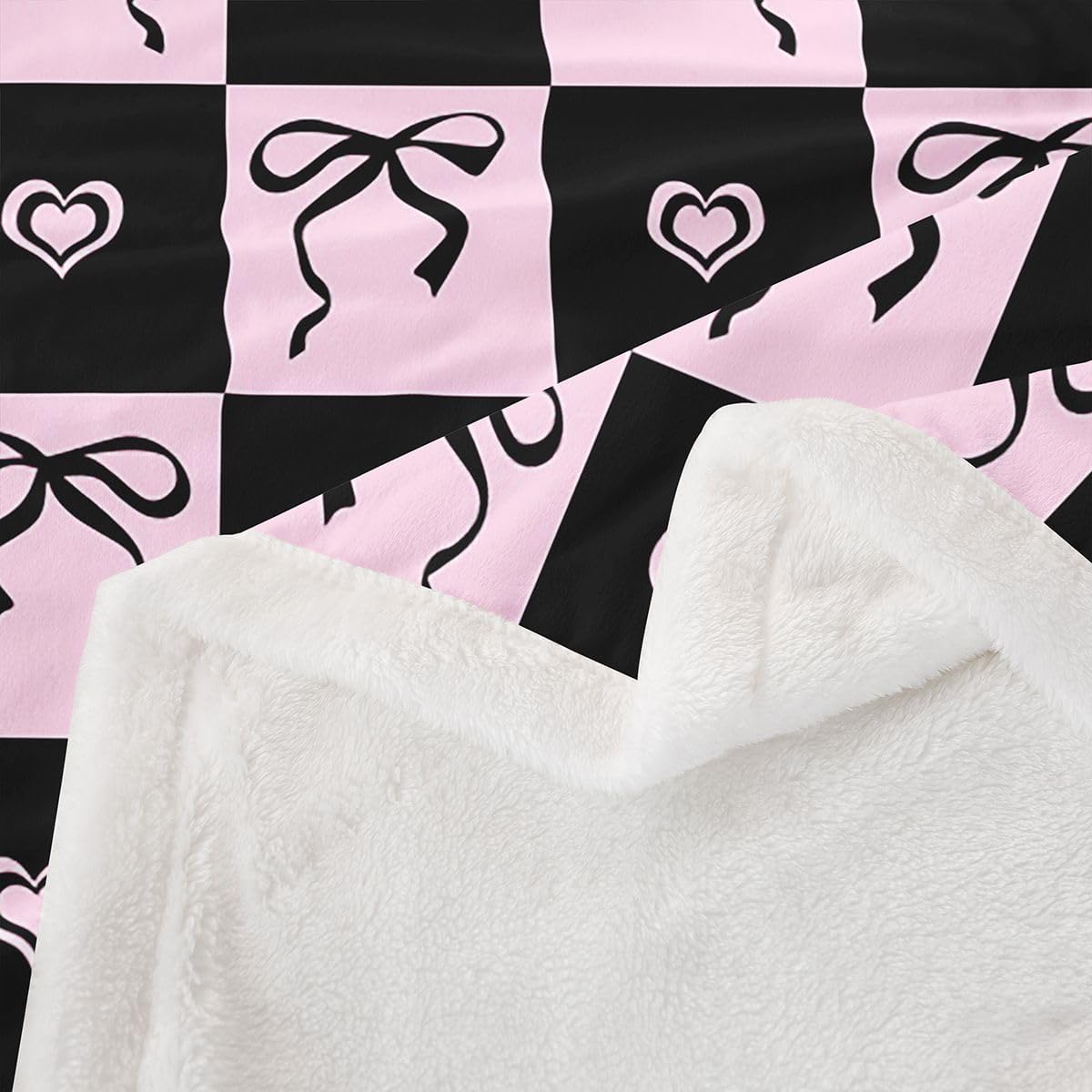 Feelyou Cute Bow Sherpa Throw Blanket for Couch Pink Plaid Checkered Super Soft Cozy Fleece Pink Black Blanket for Winter, Plush Throw Twin 60"x80" All Season