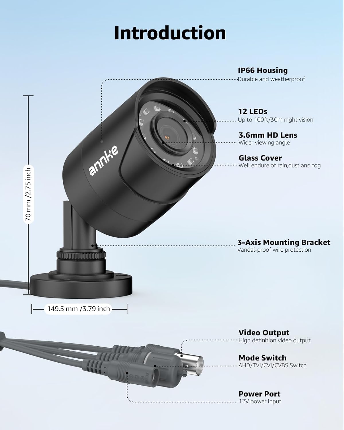 ANNKE 1080p Security Camera 4-in-1 CCTV Bullet Wired Cam, AHD/TVI/CVI/CVBS, Analog Surveillance Video Add-On Black Camera for Outdoor Use, 100ft Clear Night Vision (Power Adapter Not Included) - E200