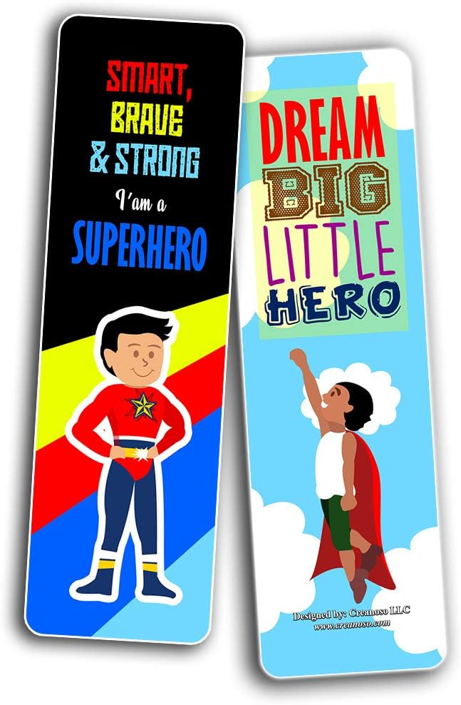 Creanoso Superhero Bookmarks for Kids (12-Pack) – Premium Gift Set – Awesome Bookmarks for Boys Girls – Six Bulk Assorted Bookmarks Designs – Unique Quality Cool Giveaways Collection Pack
