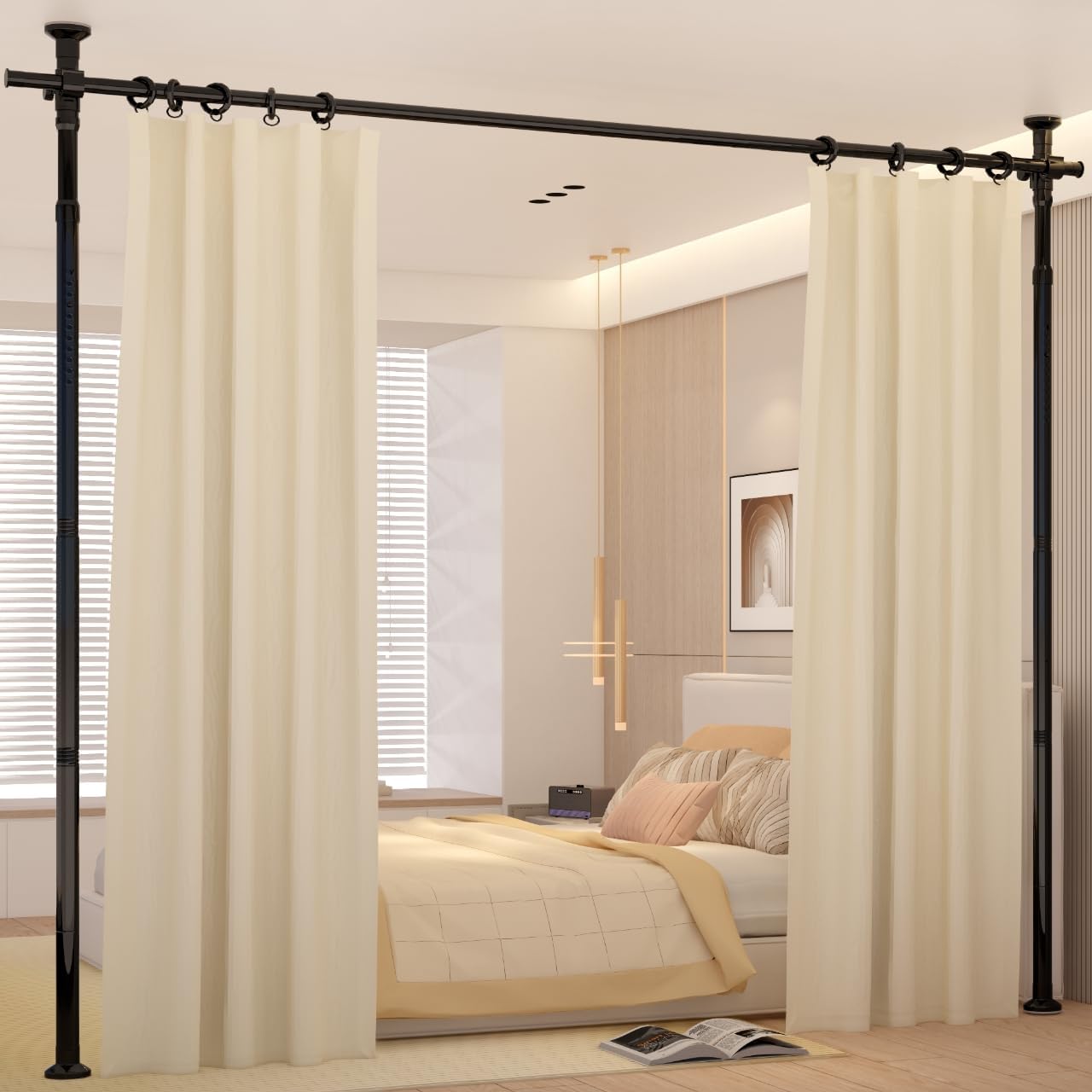 Room Divider Curtain Rod, No Drilling Adjustable Space Partition, Heavy Duty Floor to Ceiling Tension Rod, 4-10ft(H) 28-70inch(W), Temporary Wall Divider for Privacy, Black