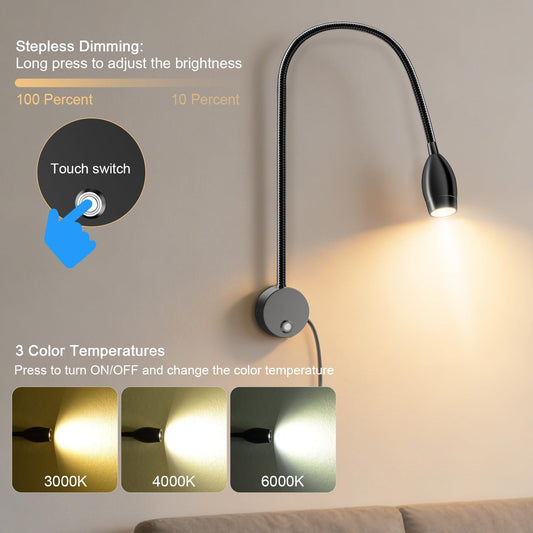 ERAY LED Wall Mounted Reading Light, Bedside Reading Lights for Bed with Touch Control, 3 Dimmable, 360°Flexible Gooseneck Headboard Book Reading Lamp Wall Sconce, 3000k-6000k-2 Pack