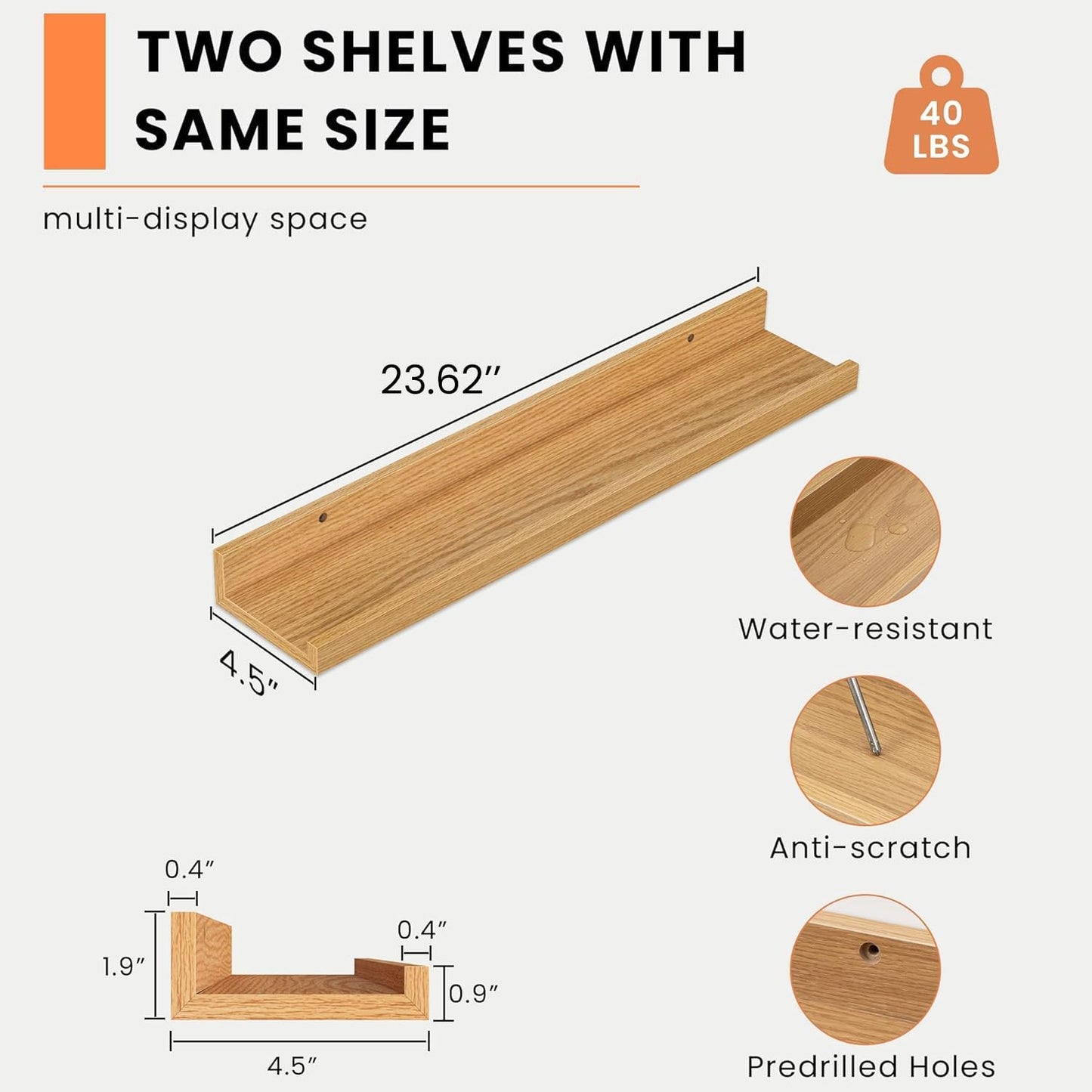 Heimlove Picture Ledge Shelf, Floating Shelves Set of 2, 24 Inches Picture Shelf for Wall with Ledge, Kids Bookshelf Wall Mounted for Living Room Bedroom Decor Books Photo Frames - Natural Oak