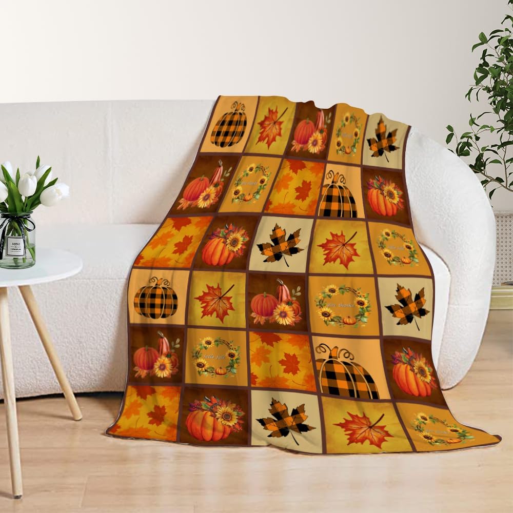 YeeJu Fall Decoraitve Throw Blanket Plaid Thanksgiving Autumn Cute Pumpkins Leaf Sunflower Blanket Couch Sofa Bed Living Room Soft Cozy Lightweight Fuzzy Plush Fleece Blankets and Throws 50x60