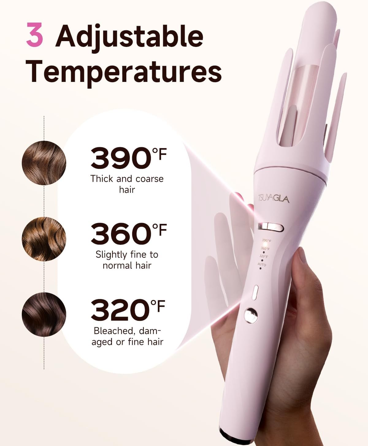 5 in 1 Auto Curling Iron Set with Interchangeable Barrels - 1", 1.25", 1.5" Curling Wand, Hair Crimper & Straightening Brush, Rotating Ceramic Curler, 3 Temp, Dual Voltage, Anti-Scald, Pink