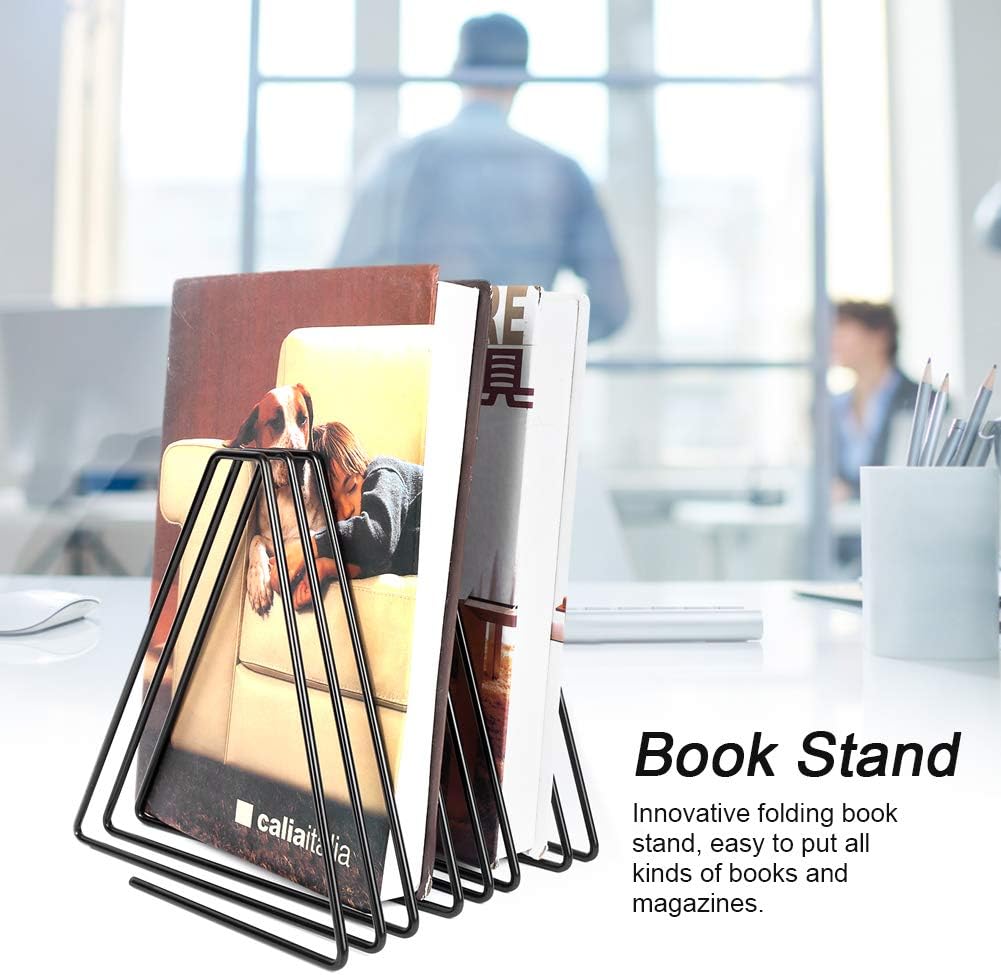 Book Organizer Magazine Holder, Adjustable Bookend Expandable Metal Bookend Desktop Book Stand Heavy Duty Book End for Home Office School Library Hotel (Black)