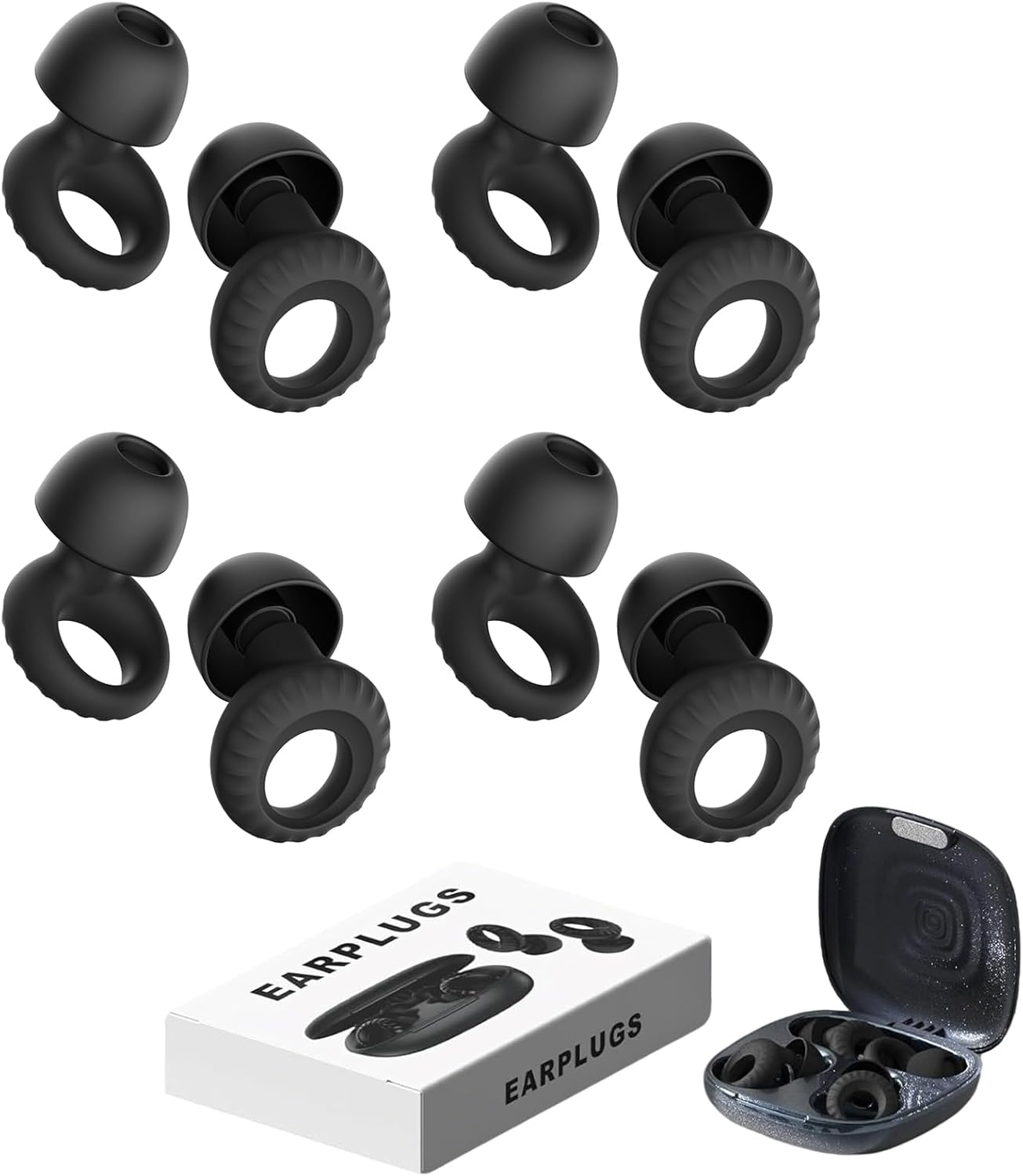 Noise Cancelling Ear Plugs for Sleeping, Concerts & Travel – Reusable Silicone Earplugs for Noise Reduction & Hearing Protection – 4 Pairs, Black + Black