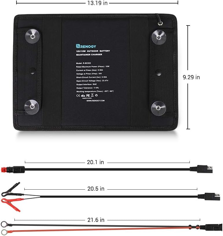 Renogy 10W Solar Trickle Charger Portable Battery Maintainer with Lighter Plug/Alligator Clips/Battery Cables for Car Boat Marine Motorcycles Truck