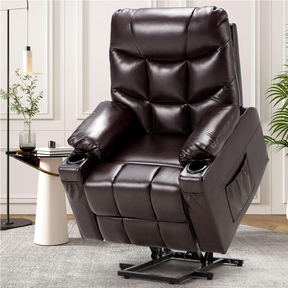 Power Lift Recliner Chair for Elderly, Heavy Duty Electric Recliner with Heat and Massage, Large Comfy Reclining Sofa with Cup Holders & Side Pockets, Dark Brown