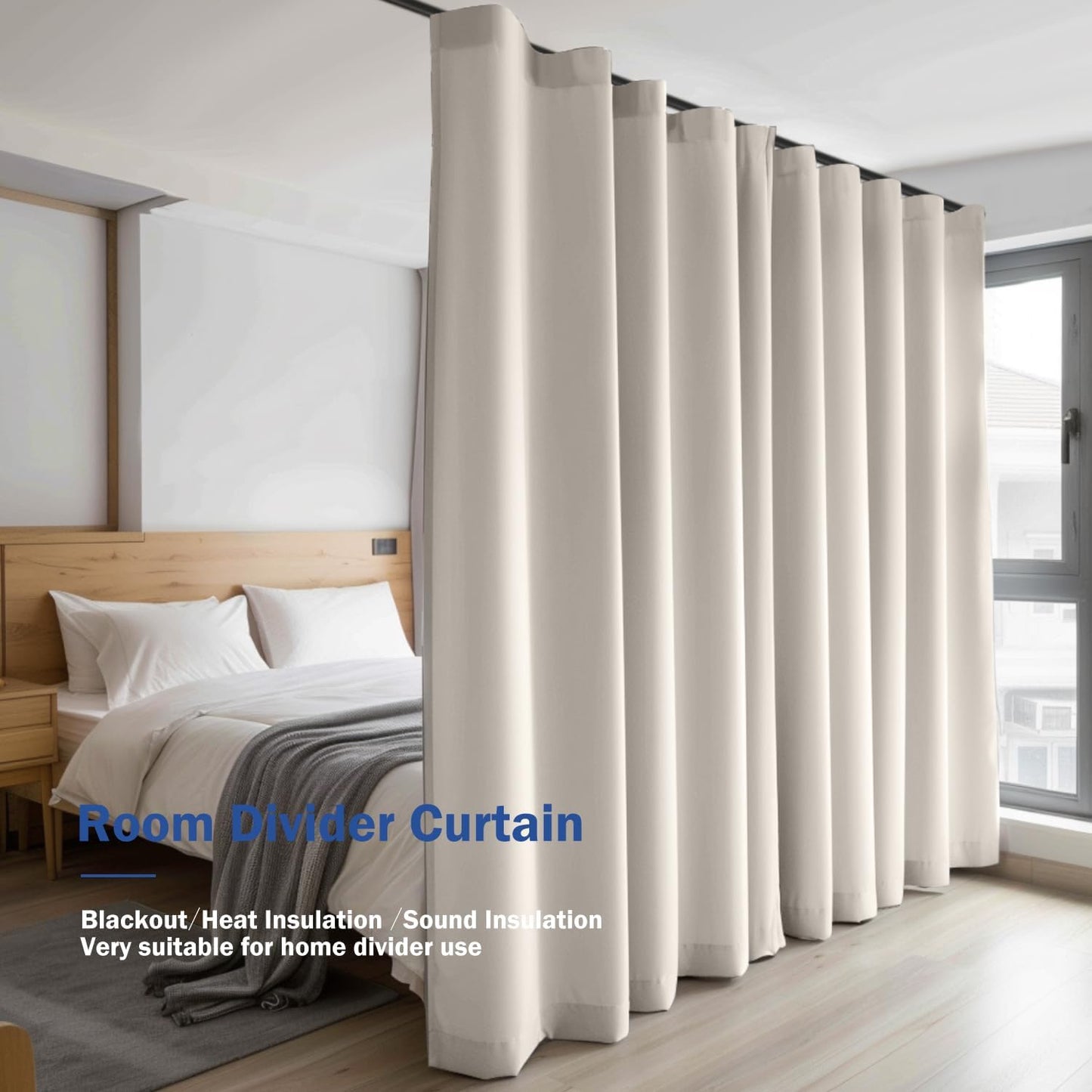 Room Divider Blackout Curtain Track Curtains Wall Dividers Panels Screen for Living Rooms Bedroom Office Privacy Partition Separation, W100 × L84 Inch,1 Panel, Beige
