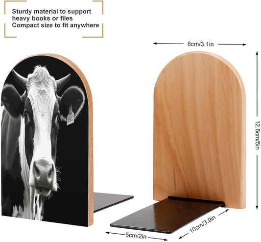 Animal Funny Cow Head Black White Bookends 1 Pair Heavy Duty Book Ends for Shelves Non-Skid Bookend Supports Wooden Book Holders with Metal Base Desk Organizers Books Storage to Hold Books