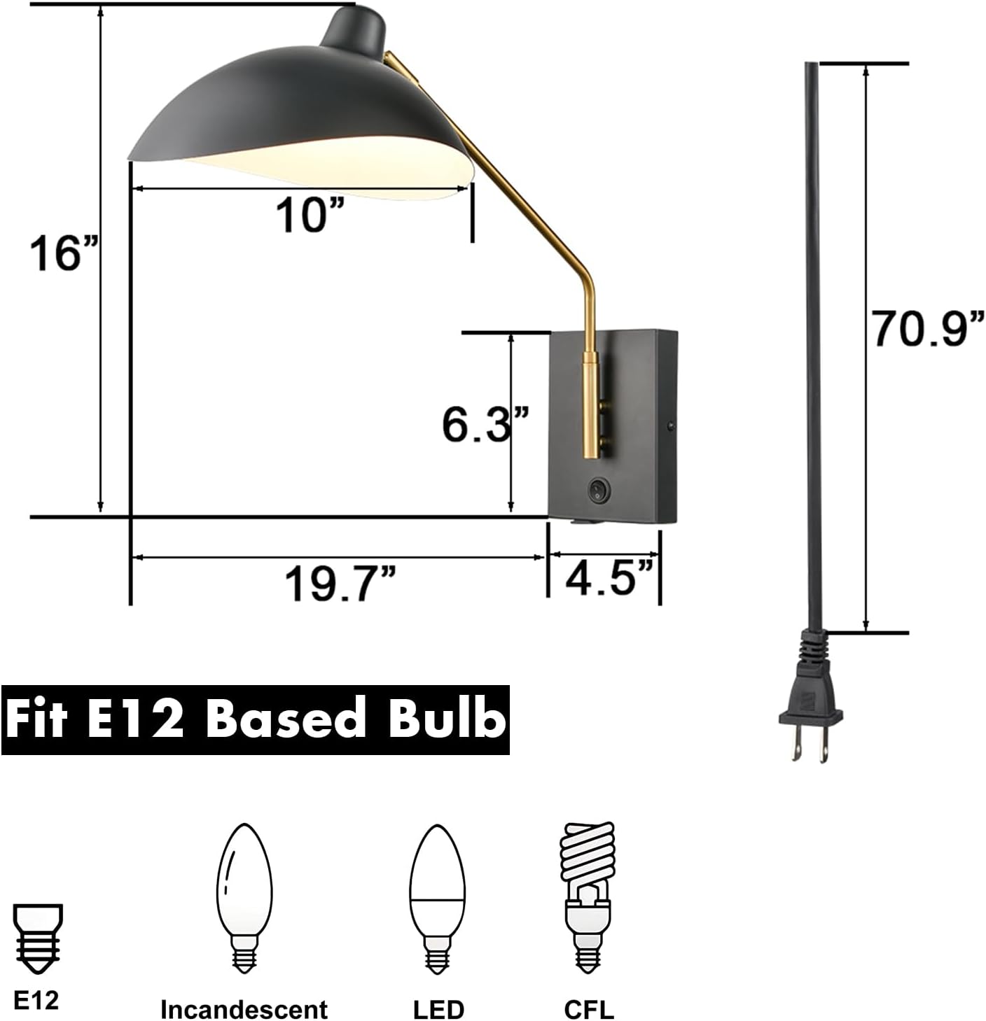 CLAXY Plug in Wall Sconce Swing Arm Wall Light Matte Black with USB Charge Port-Set of 2, Plug in or Hardwired Wall Mounted Lights for Bedroom Reading Room Living