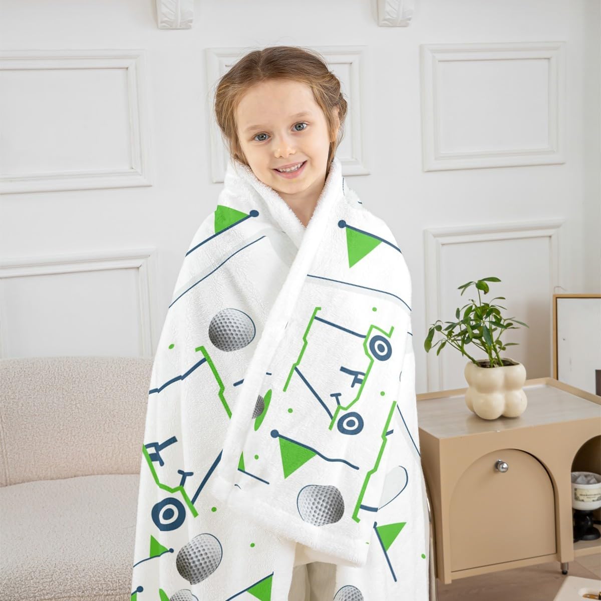 Feelyou Kids Golf Sherpa Throw Blanket Throw 50"x60" Golf Ball Golf Club Fleece Throw Blanket for Boys Girls Teens Golf Lover Sports Hobby Plush Blanket Fuzzy Blanket Green White Plush Blanket