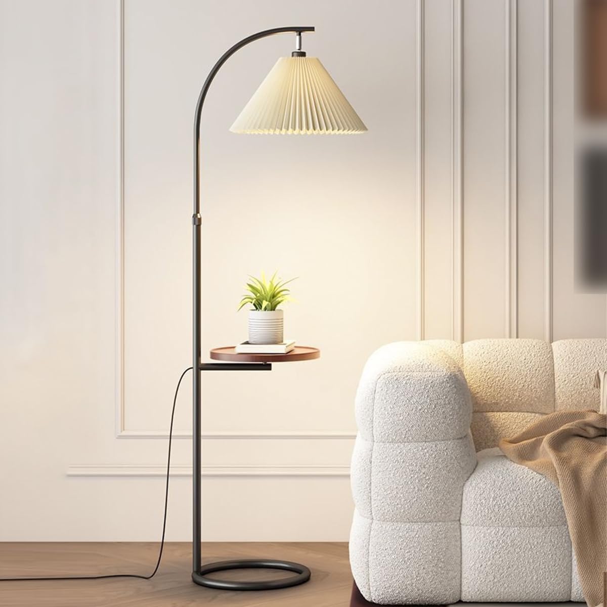 Nordic Cream Style Floor Lamp with Tray Adjustable Height Standing Reading Light Rust-Proof Iron Tall Lights Corner Decoration Vertical Lamp E27 Base Floor Lamps for Bedroom Living Room