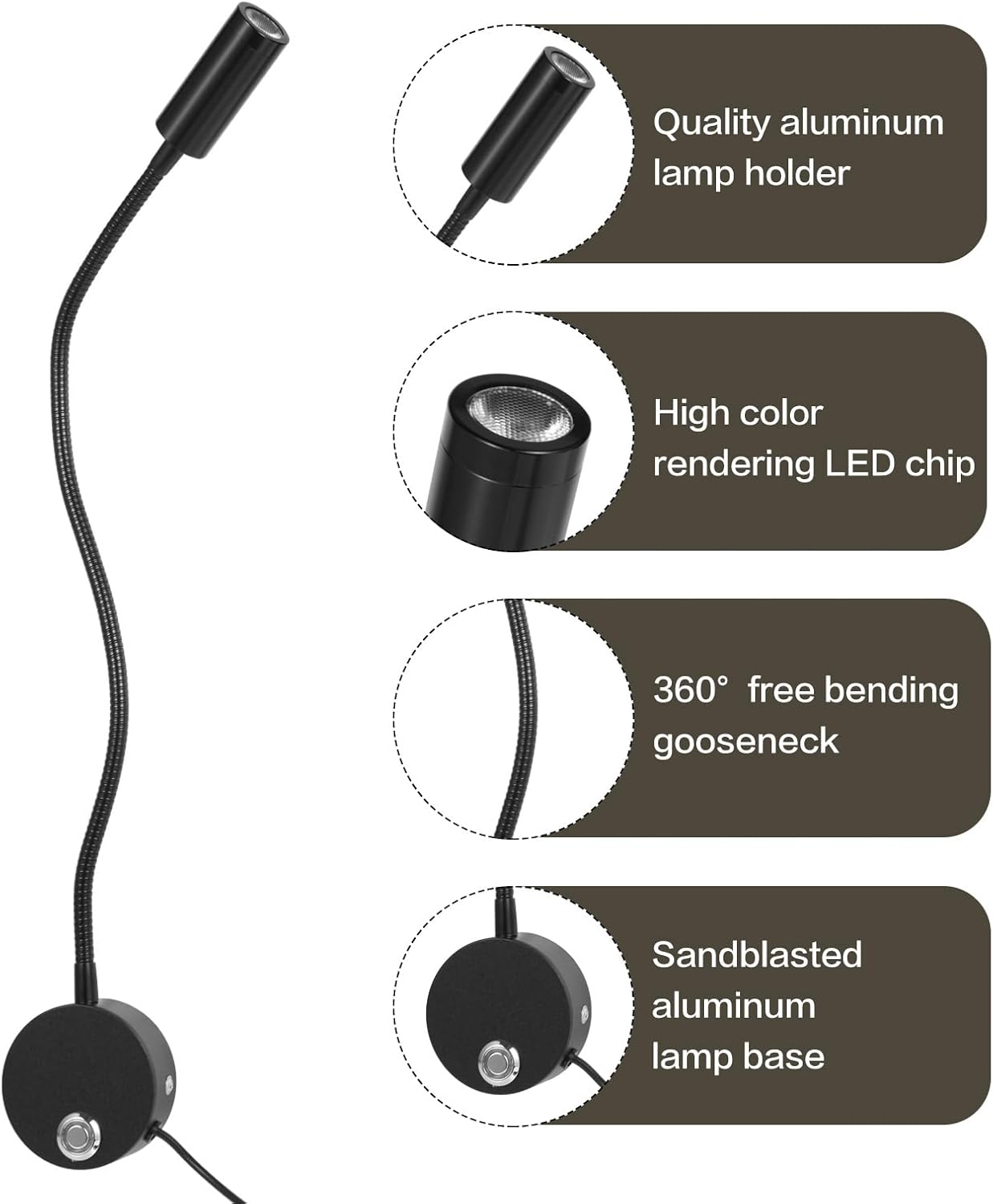 Reading Light for Bed, Wall Mounted Reading Lights with 15" Flexible Gooseneck, Touch Control, 3 Colors Temperature and Stepless Dimmable, Plug in Headboard Book Light(2 Pack)