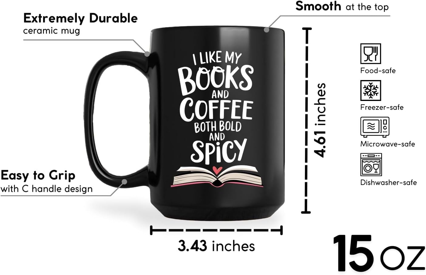 Book Lovers Coffee Mug 15oz Black -Bold Spicy - Gift for Book Club Bookworm Bookish Reading Nerdy Avid Readers Women