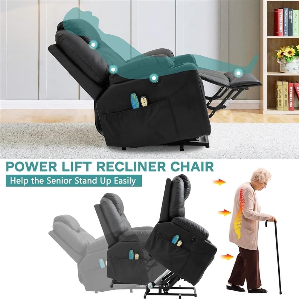 Power Lift Recliner Chair for Elderly, PU Leather Electric Massage Chair with Heat, Ergonomic Lift Chair with 2 Cup Holders & Side Pockets, Motorized Home Theater Seating