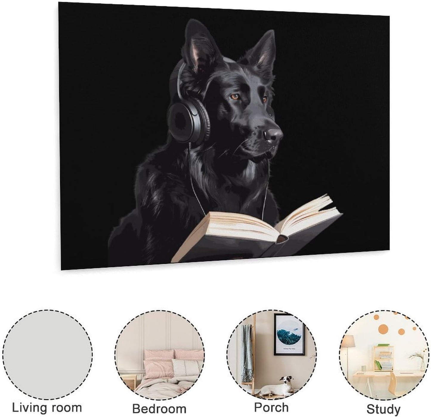 German Shepherd Wearing Headphones Reading Funny Canvas Wall Art Print Artwork Picture Painting for Home Office Decoration 12"x16"
