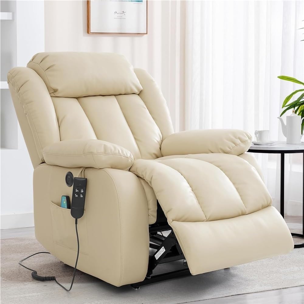 Large Dual Motor Power Lift Recliner Chair Infinite Position Adjustable with Heated Massage Heavy Duty Breathable Leather Reclining Sofa Beige Living Room Furniture