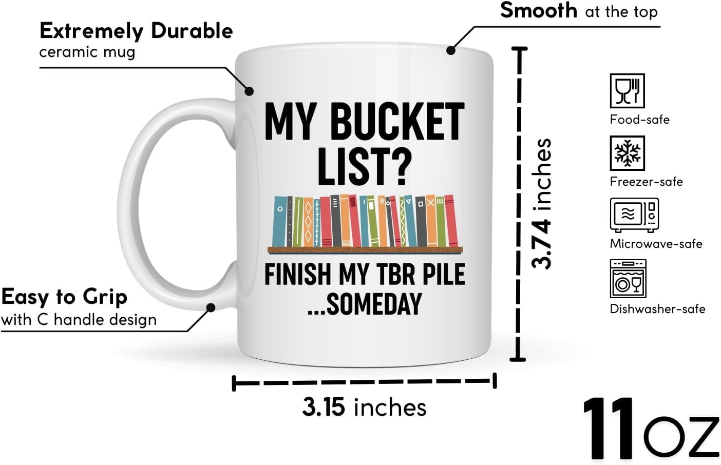 Book Lovers Coffee Mug 11oz White -TBR bucket - Book Reader Bookworm Addict Bookish Librarian Nerd Gifts Decor for Men Women