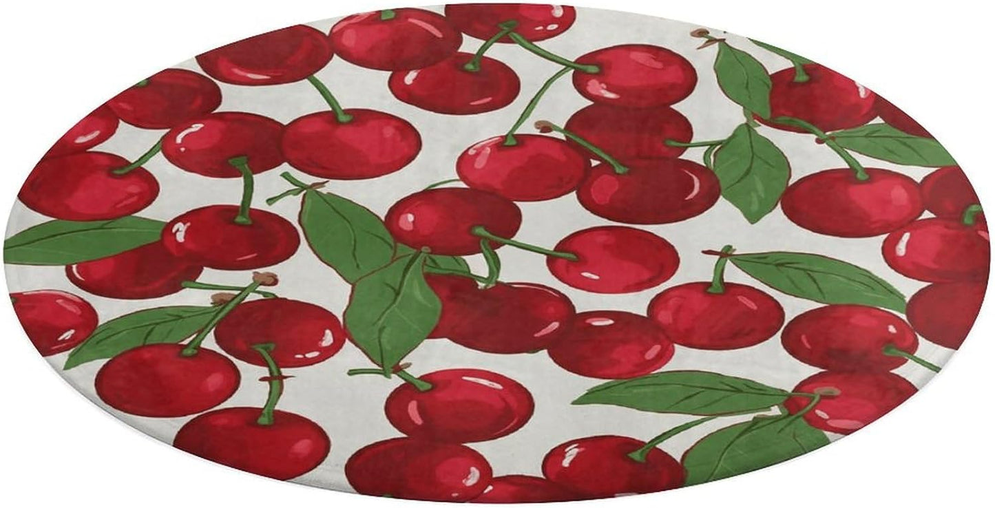 Red Cherries Circle Rug Retro Luxury Coral Velvet Floor Mat Non Slip Soft Indoor Floor Carpet Comfy Thickened Area Rugs Modern Aesthetic Minimalist Carpets for Home Decor