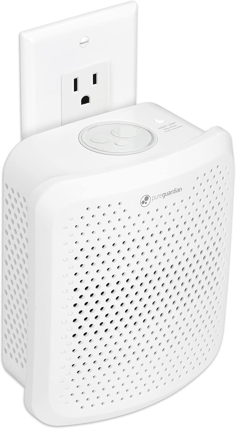 PureGuardian AP201W Pluggable Air Purifier with Nightlight, Odor-Eliminating Aromatherapy Essential Oil Pad Included, 7-in Pluggable Air Purifier, White