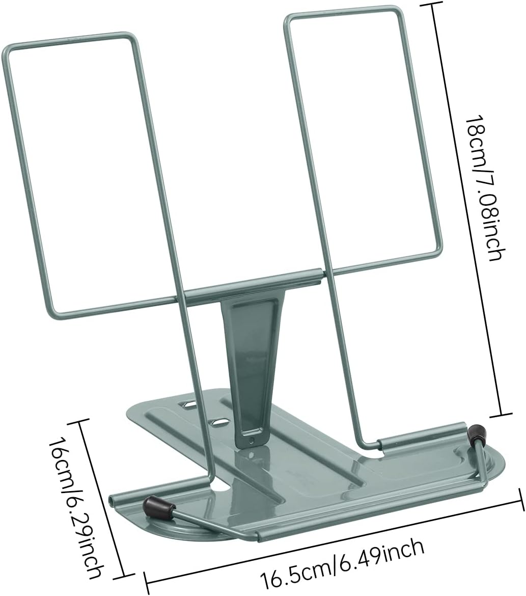 Metal Book Stand for Desk, Adjustable Reading Rest Book Holder, Portable Cookbook Documents Holder, Sturdy Typing Stand for Recipes Textbooks Tablet Music Books with Page Clips (Morandi Green)