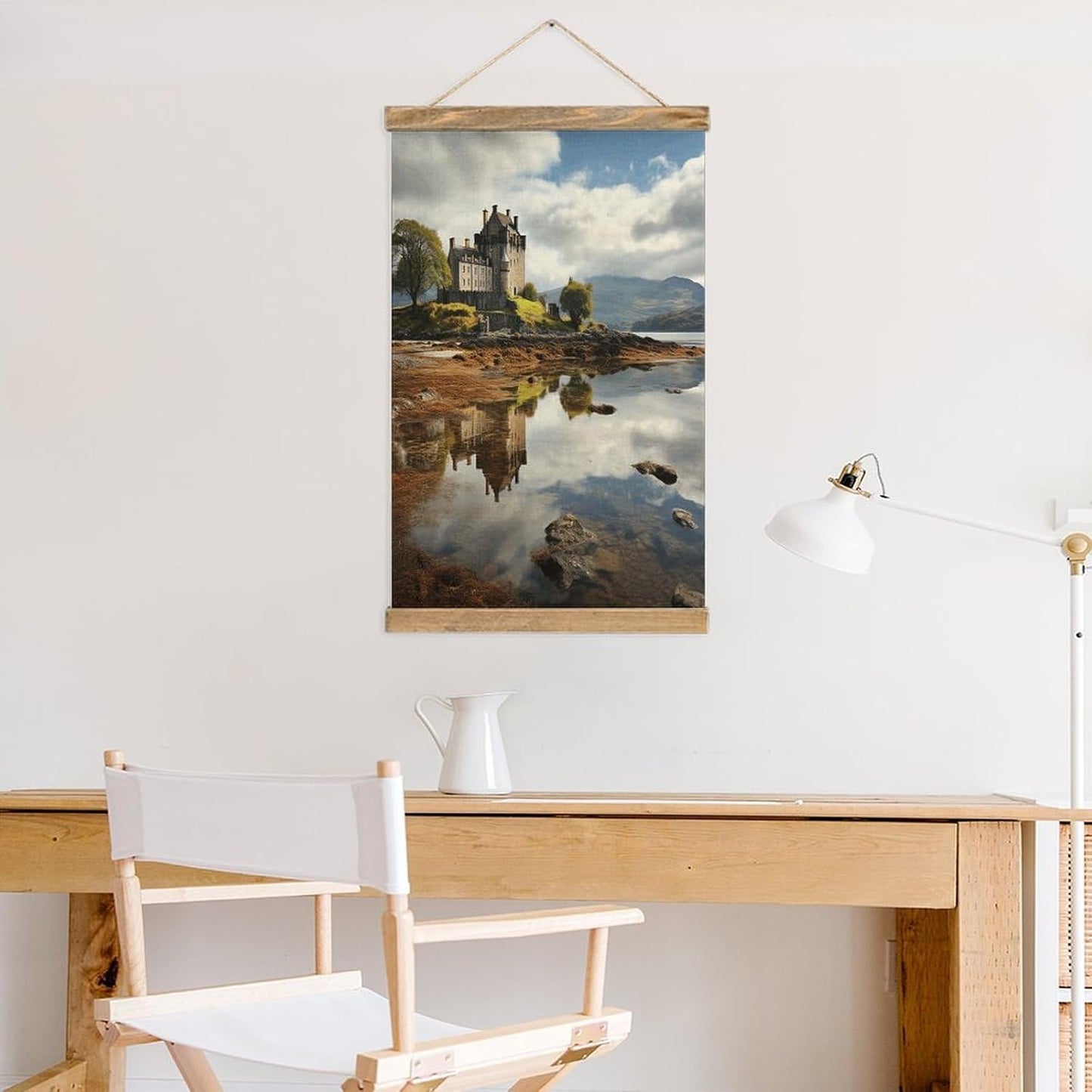 Vintage Scotland Castle Water Lake Scottish Poster with Wooden Frame Personalized Linen Hanging Scroll Painting Rustic Wall Hanging Illustrative Modern Artwork Decor for Home Living Room Bedroom Offic