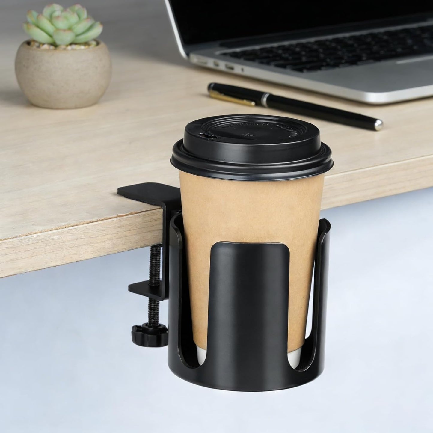 Large Desk Cup Holder Clamp, Anti-Spill Cup Holder Clip on Table or Chair Armrests, Easy to Install, Diameter 3.9 Inch, Fit Most Cups Coffee Mugs Bottles and Drinks -Black