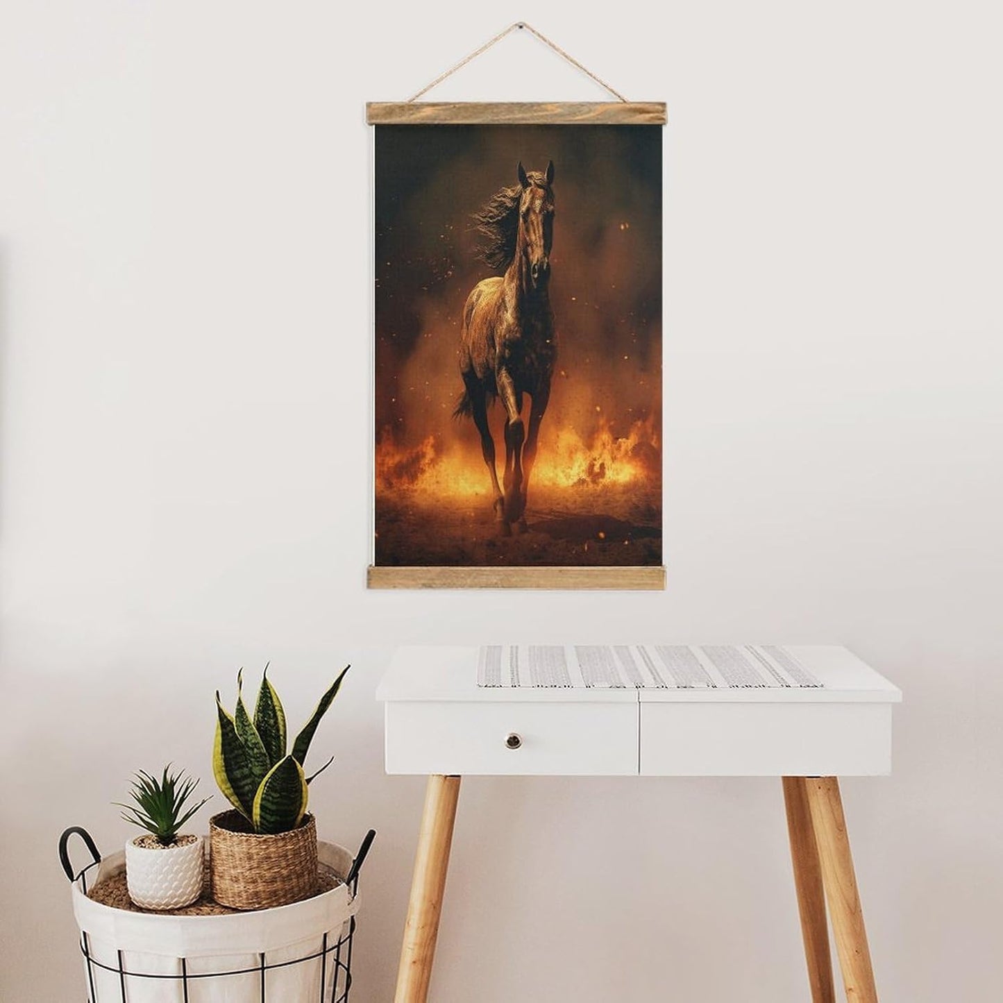Vintage Flame Horse Poster with Wooden Frame Personalized Linen Hanging Scroll Painting Rustic Wall Hanging Illustrative Modern Artwork Decor for Home Living Room Bedroom Office