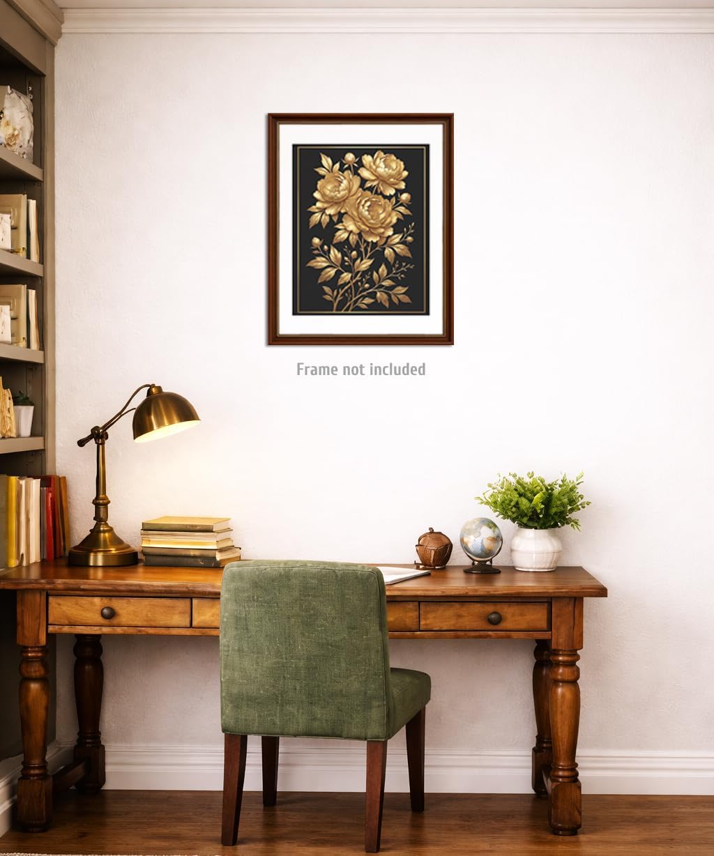 heshengzaixian Vintage Gold Line Art Peony Prints, Luxury Black and Gold Floral Wall Art Poster,Elegant Flower Botanical Decor Picture for Living Room Office Bedroom, Set of 1 8x10In Unframed