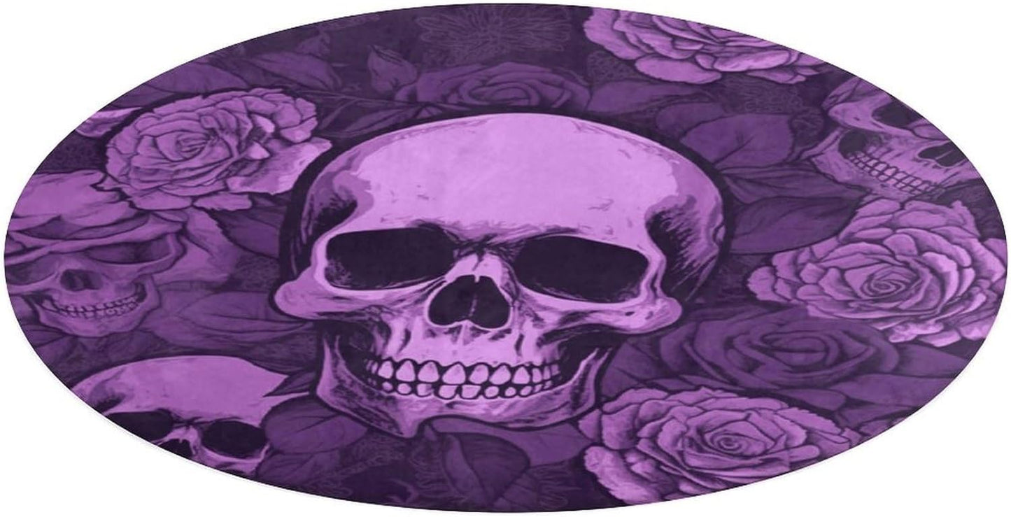 Purple Skulls and Roses Circle Rug Retro Luxury Coral Velvet Floor Mat Non Slip Soft Indoor Floor Carpet Comfy Thickened Area Rugs Modern Aesthetic Minimalist Carpets for Home Decor