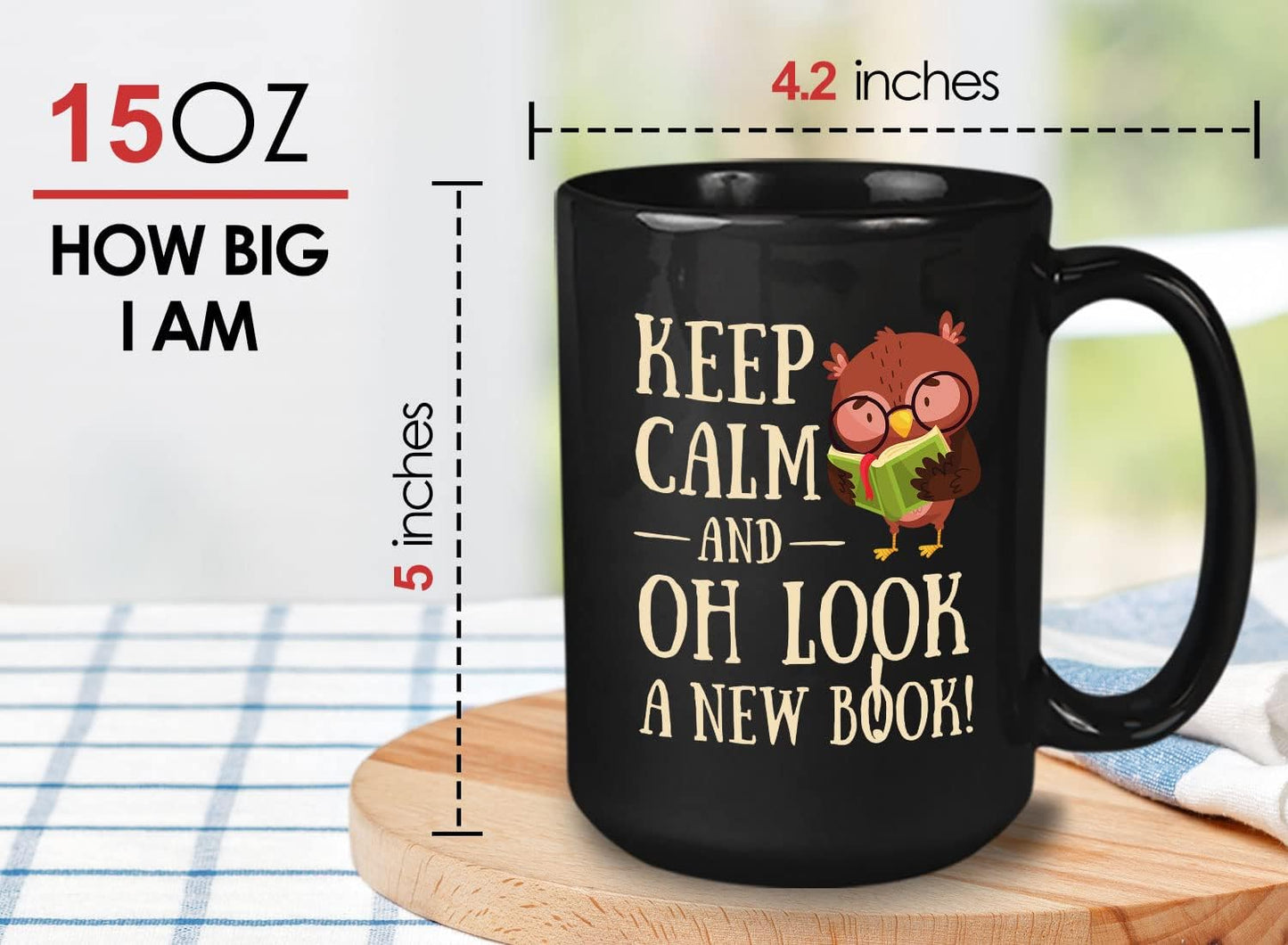 Bubble Hugs Book Lover Coffee Mug 15oz Black - Keep Calm and Oh New Book - Reading Owl Reader Stack of Books Lover Bookish Novelist Librarian Writer