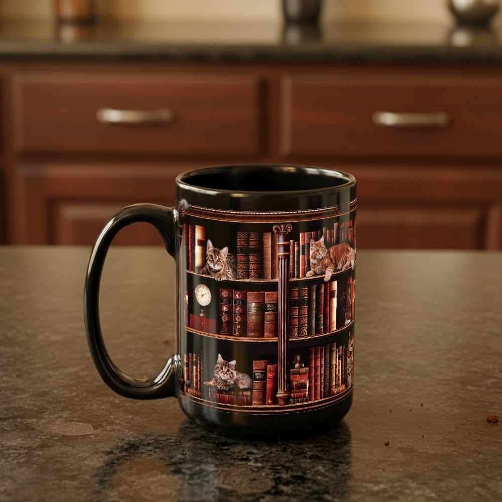 Cat Book Mug Gifts for Book Lovers, Book Lover Bookish Gifts for Readers Bookworm Women 15oz, Library Bookshelf Mug, Bookish Gifts for Librarian, Birthday Gift Idea for Cat Lovers