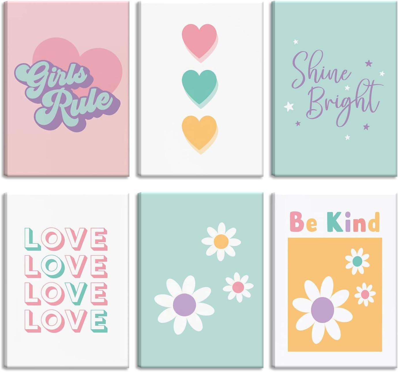 KKJ Girls Rule Canvas Wall Art Set of 6, Colorful Inspirational Quote Decor, Canvas Wrapped 12 x 16 Inch Each, Cute Wall Decor for Teen Girls Room Dorm Bedroom Apartment