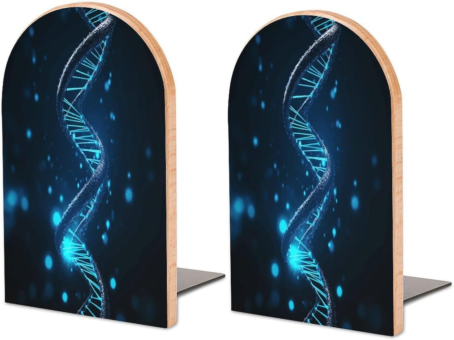 Blue DNA Structure Bookend for Shelves Wooden Book End Large Size Sturdy Book Holders Stoppers with Metal Base for Bookshelves Slick Decorative Bookends Stands