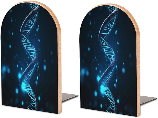 Blue DNA Structure Bookend for Shelves Wooden Book End Large Size Sturdy Book Holders Stoppers with Metal Base for Bookshelves Slick Decorative Bookends Stands