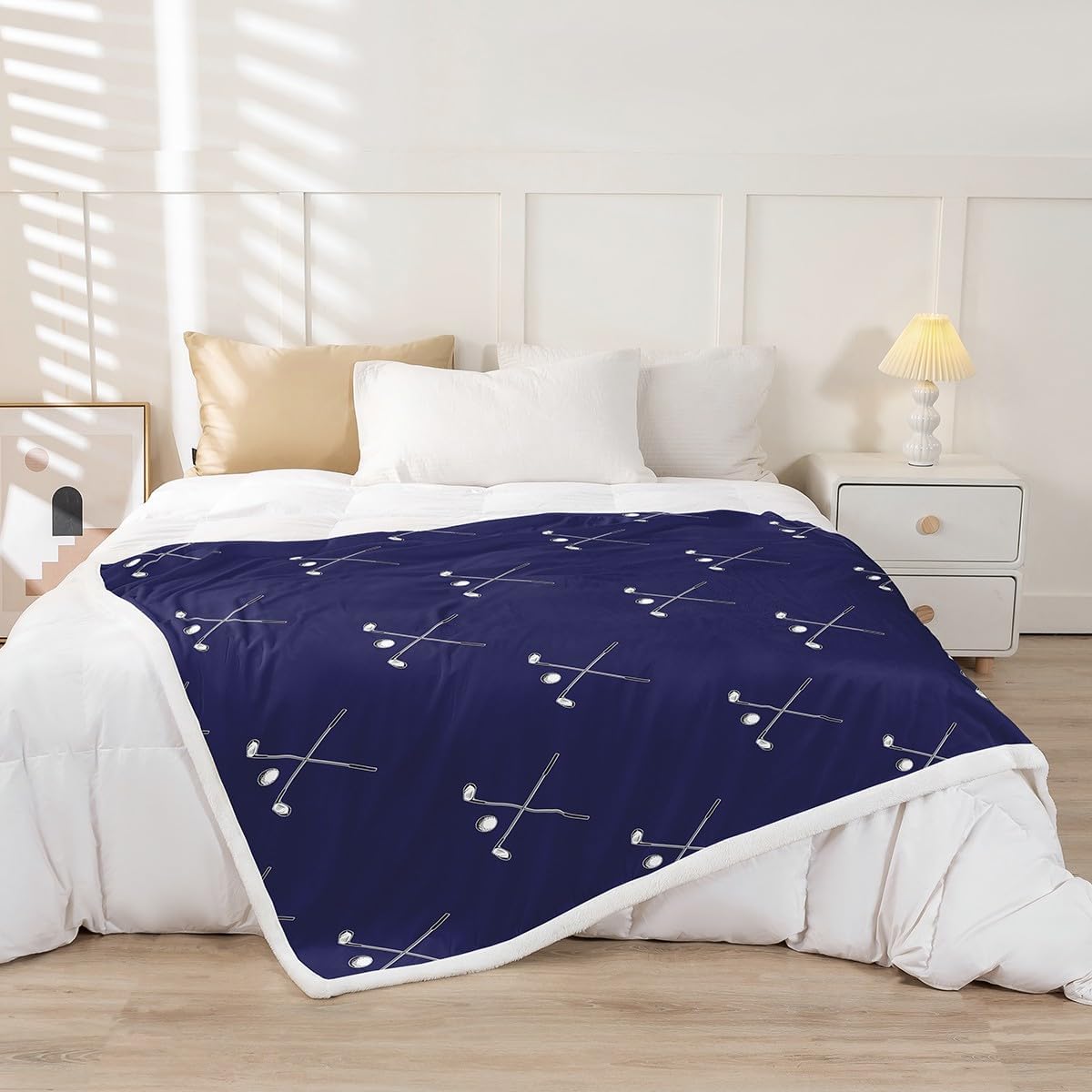 Golf Sports Bed Blankets,Men Golf Player Throw Blankets,Sketch White Golf Print Fleece Blanket for Kids Teens Boys Adult Room Decor,Fashion Dark Blue Sherpa Blanket,for Chair/Sofa,60"×80"