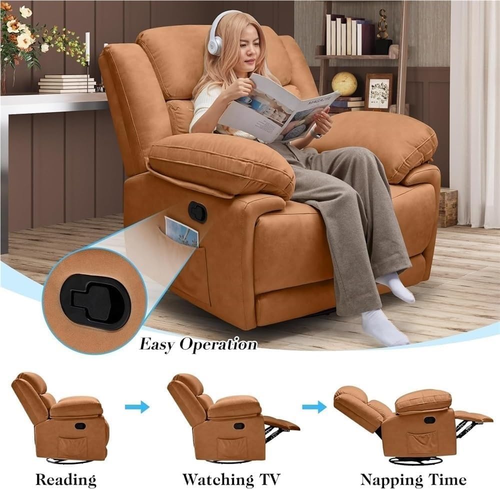 Oversized Swivel Rocker Recliner Chair with Massage Overstuffed Glider Recliner for Adults Comfortable Ergonomic Single Lounge Sofa for Living Room Home Theater Seating