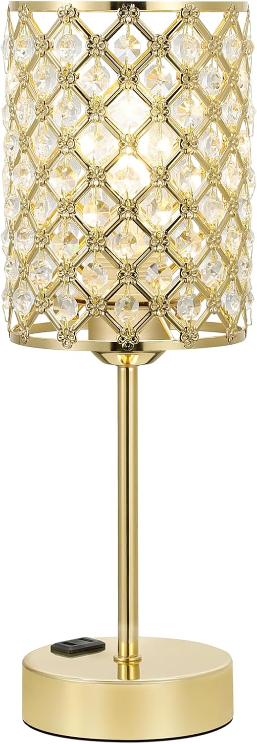 Hong-in Gold Lamps for Night Stands-Crystal Table Lamp with USB-C+A & AC Charging Ports, 3-Way Dimmable Nightstand Touch Lamp, Bedside Desk lamp for Bedroom Living Room Home Office