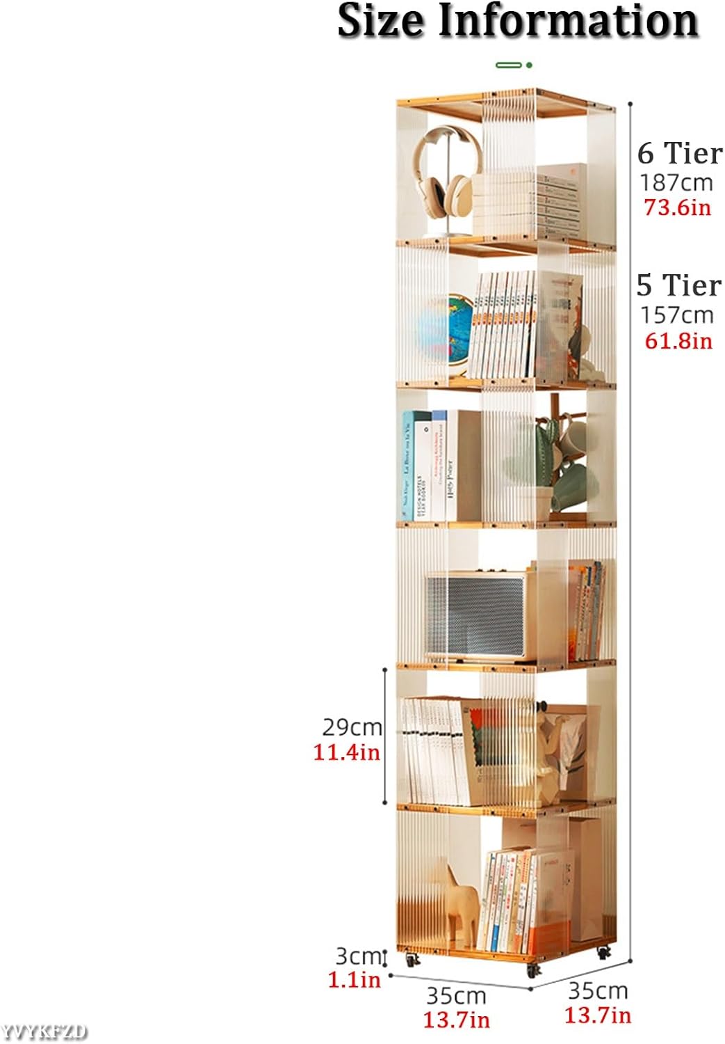 YVYKFZD Rotating Bookshelf, 5/6 Tier Revolving Bookcase, Acrylic 360° Display Storage Rack, Narrow Corner Book Shelf Organizer with Wheels, for Small Space, Study(Brown,6 Tier 13.7x13.7x73.6)
