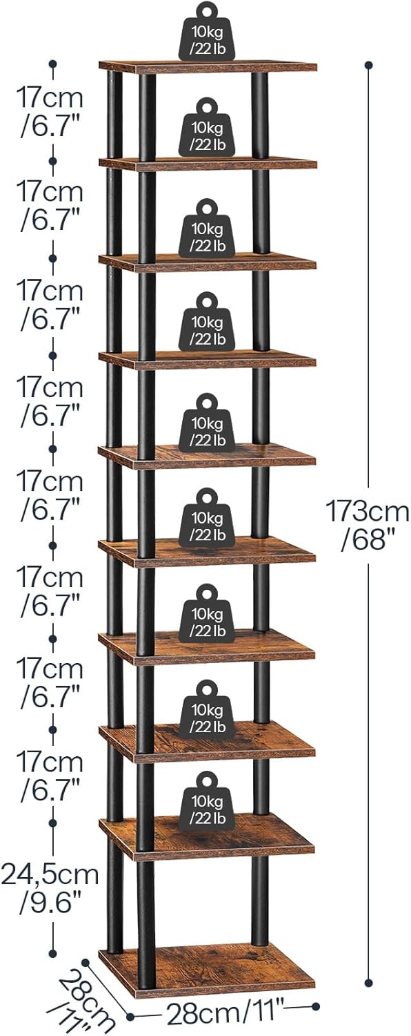 HOOBRO Vertical Shoe Rack, 10-Tier Narrow Shoe Shelf, Shoe Storage Organizer for Small Space, 11" L x 11" W x 68" H, Closet, Entryway, Hallway, Bedroom, Rustic Brown and Black BF32XJ01
