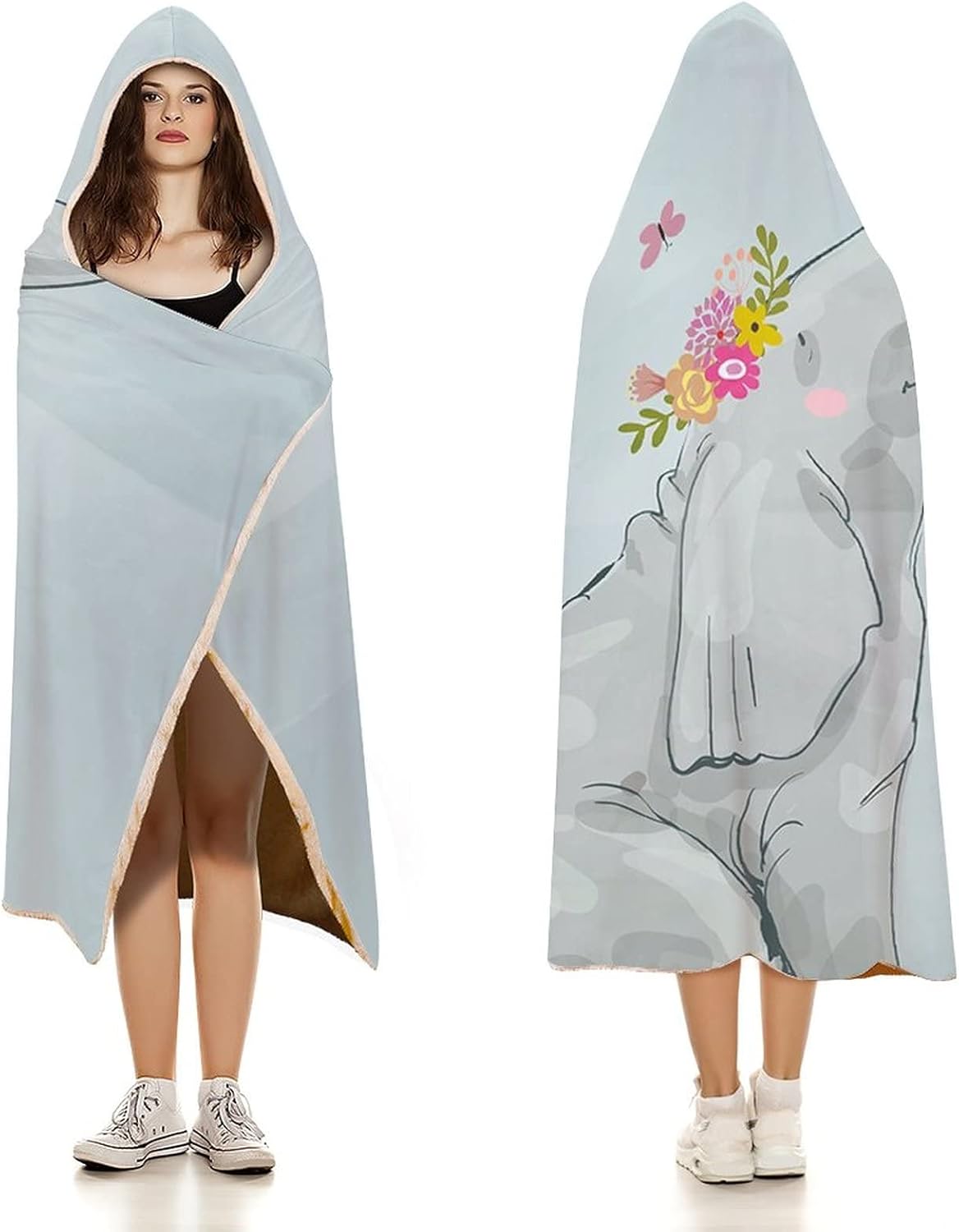 Throw Blankets, Nursery Decor Wearable Hooded Blanket for Adults, Elephant Little Mouse Friendship Fun Art, Soft Warm Cozy, 60 x 80inches, Studying Reading Snuggling Napping Office, Multicolor