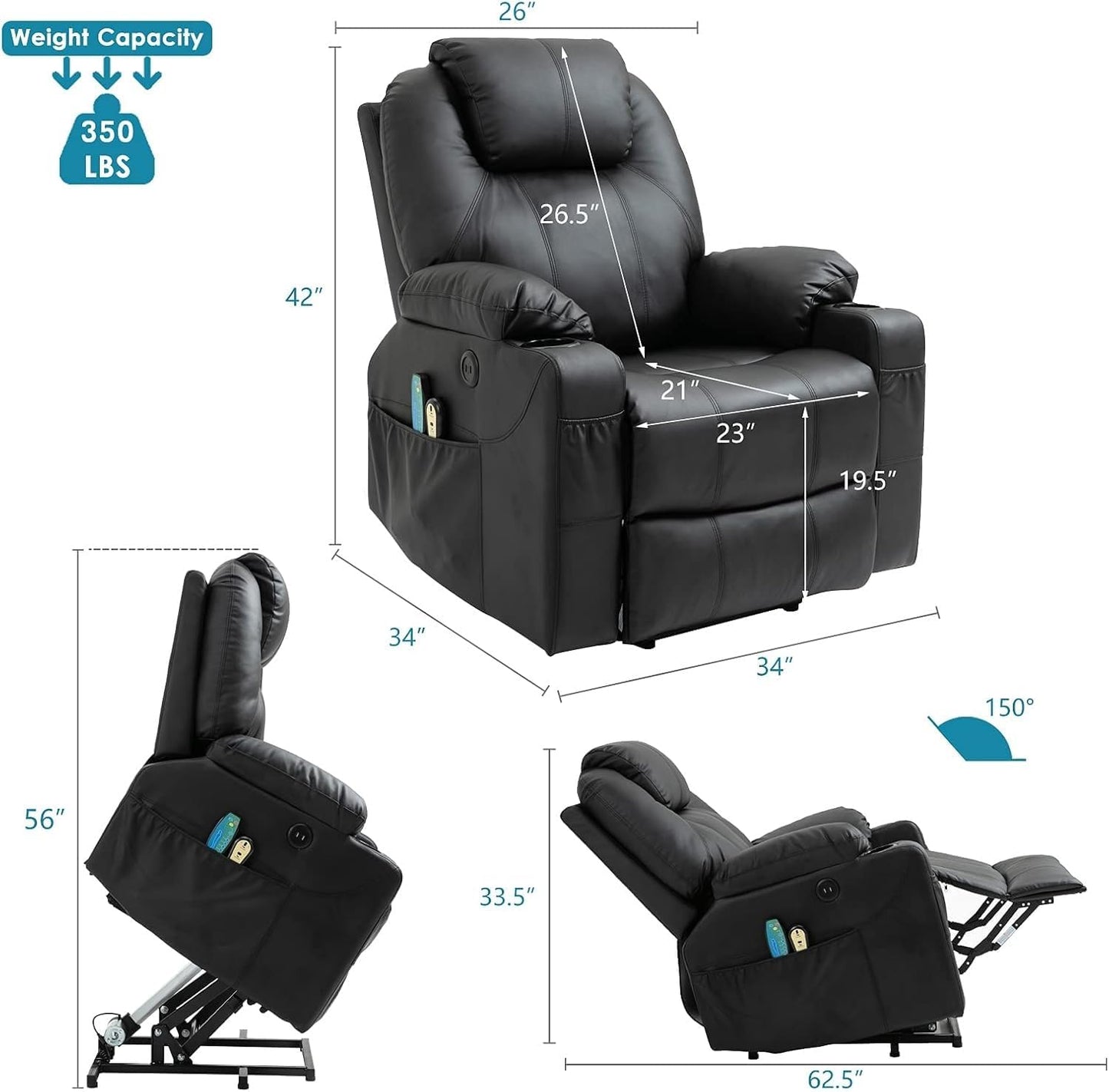 Black Leather Electric Power Lift Recliner Chair with Massage & Heat, Remote Control, USB Ports, Cup Holders & Side Pockets, Adjustable Electric Recliner for Living Room