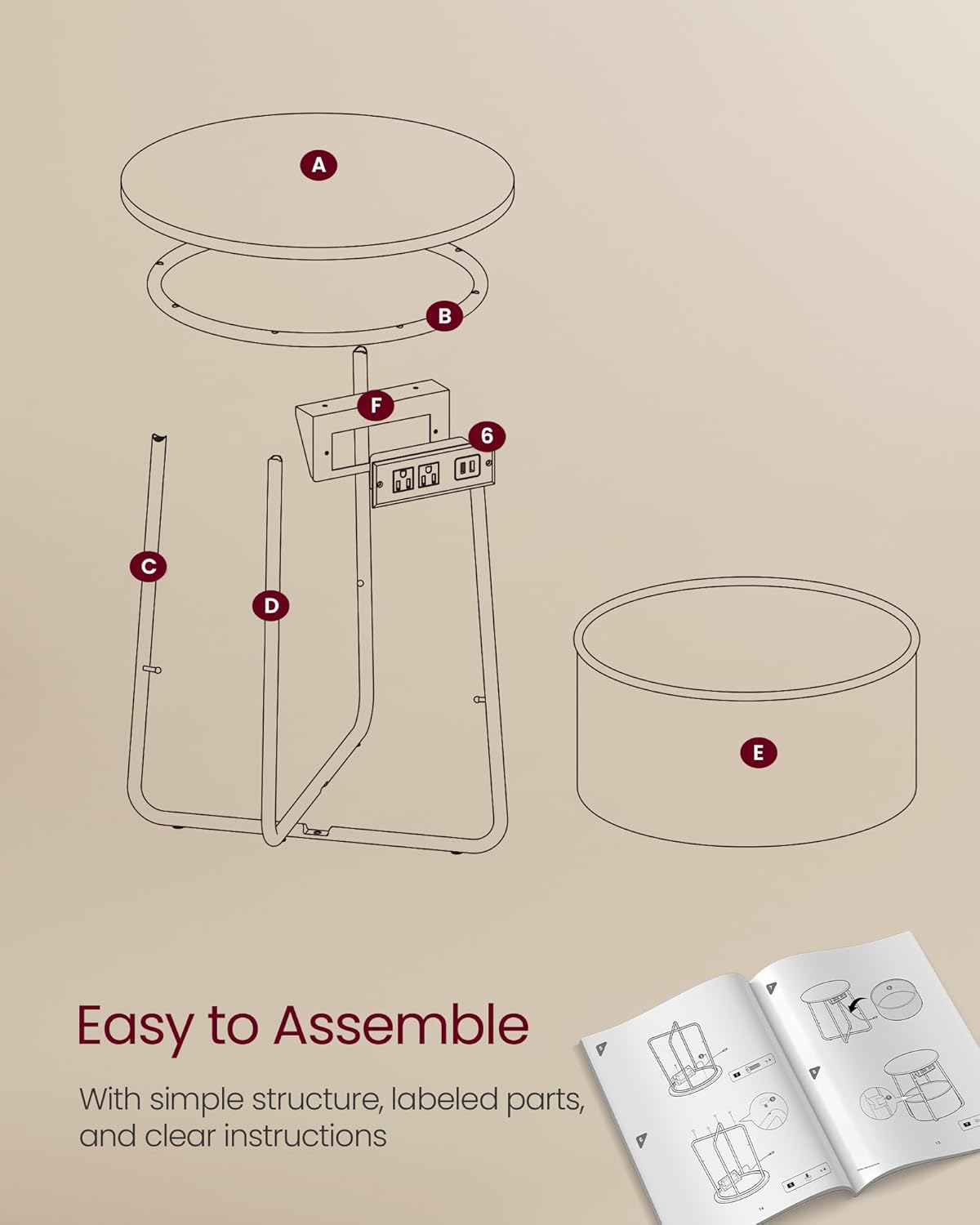VASAGLE LILEA Collection - Side Table with Charging Station, Round End Table with Fabric Basket, Nightstand with USB Ports, for Living Room, Bedroom, Modern, Matte White and Camel Brown ULET228W01