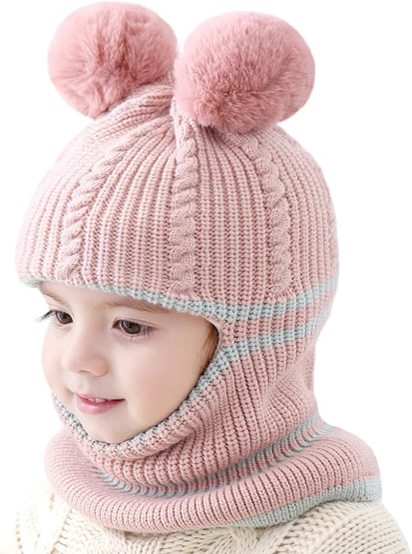 Toddler Winter Hat Baby Balaclava 2 in 1,Fleece Lined Knitted Beanie with Face Mask, Ear Flaps & Pom Pom for Boys Girls