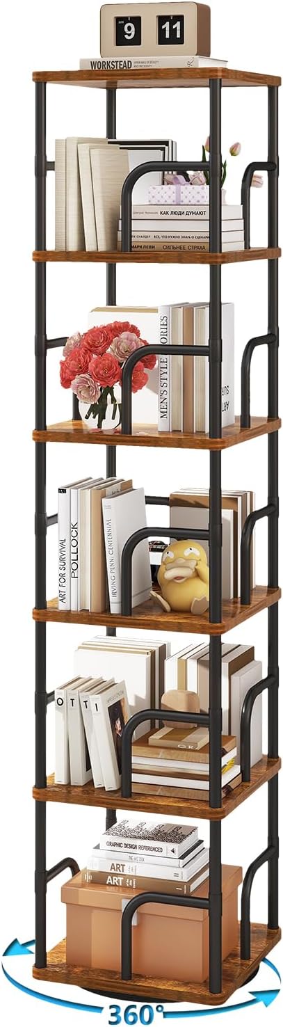 IBUYKE 6 Tier Square Rotating Bookshelf, 360° Spinning Bookcases Tower,Freestanding Corner Bookshelf with Rails,Industrial Swivel Bookcase Organizer for Bedroom, Living Room,Study,Brown,UTBC005H