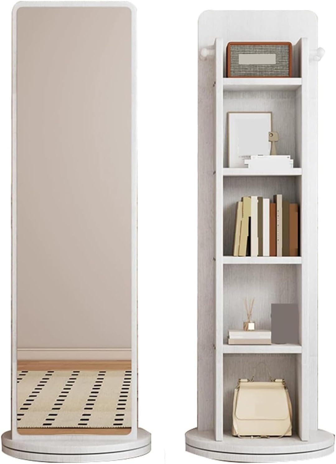360° Rotating Full-Length Mirror with Bookcase,66“x16” Floor Mirror with Hangers, Solid Wood Coat Rack for Living Room Bedroom Entryway(15.7" W x 66.1" L, White)