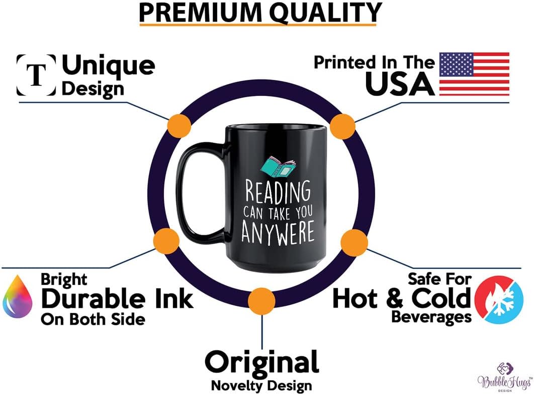 Book Lover Coffee Mug 15oz Black - Reading can take you anywhere - The Perfect Gifts for Book Lovers Literary Gifts Ideas