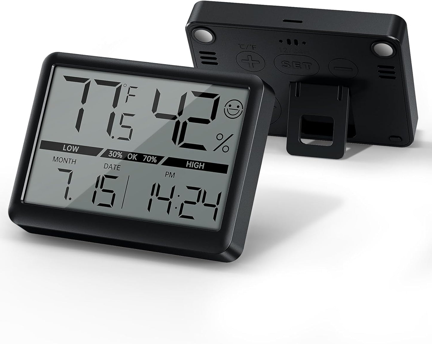 Deeyaple Humidity Meter Thermometer Digital Travel Clock Magnetic Battery Powered High Accuracy Display Temperature(℉/℃) Date 12/24H Time LCD Large Number Outdoor Indoor Hygrometer No Alarm
