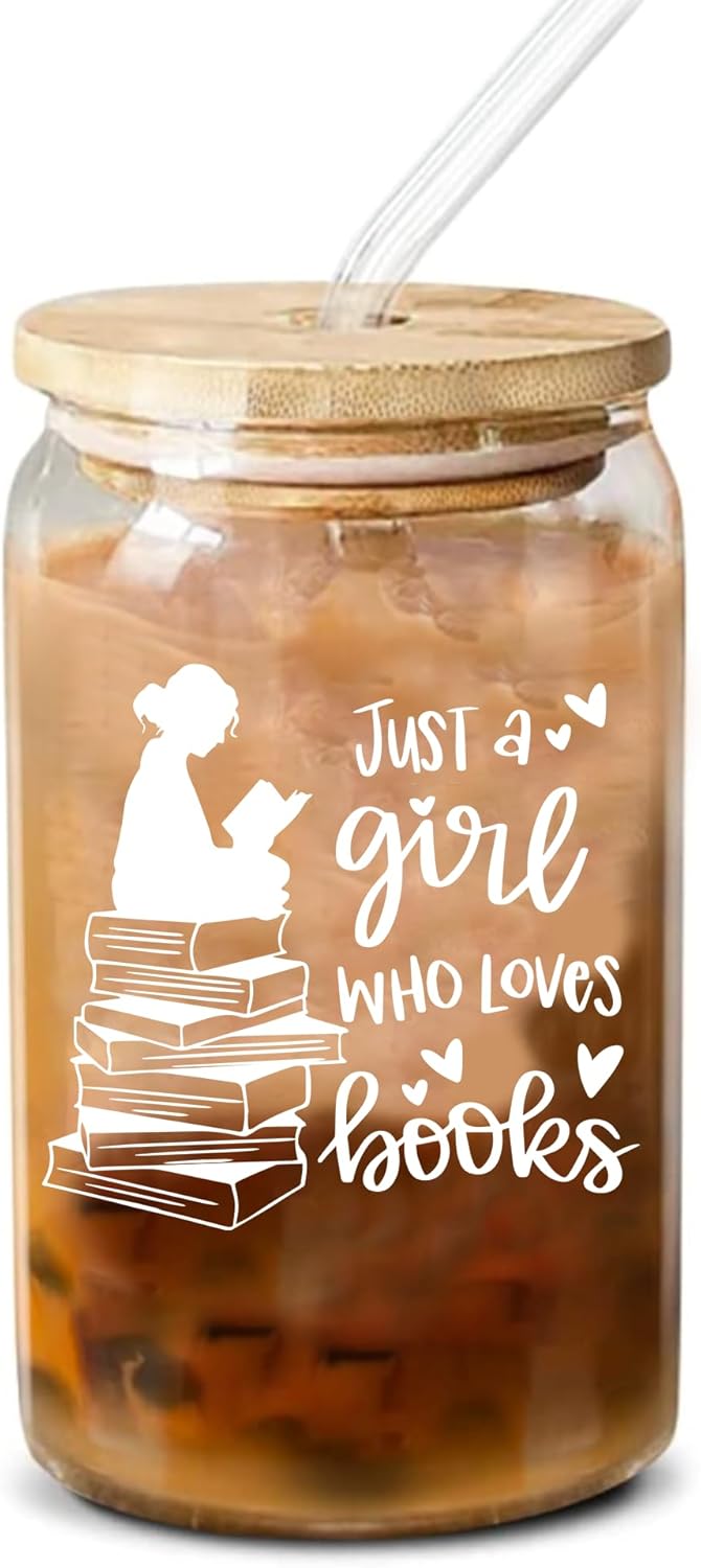 Just A Girl Who Loves Books Book Lover Gift For Woman Women Gifts Librarian Glass Can with Bamboo Lids and Straw Glass Cup Iced Coffee Beer Can Shaped Drinking Glass Drinking Jars 16 oz